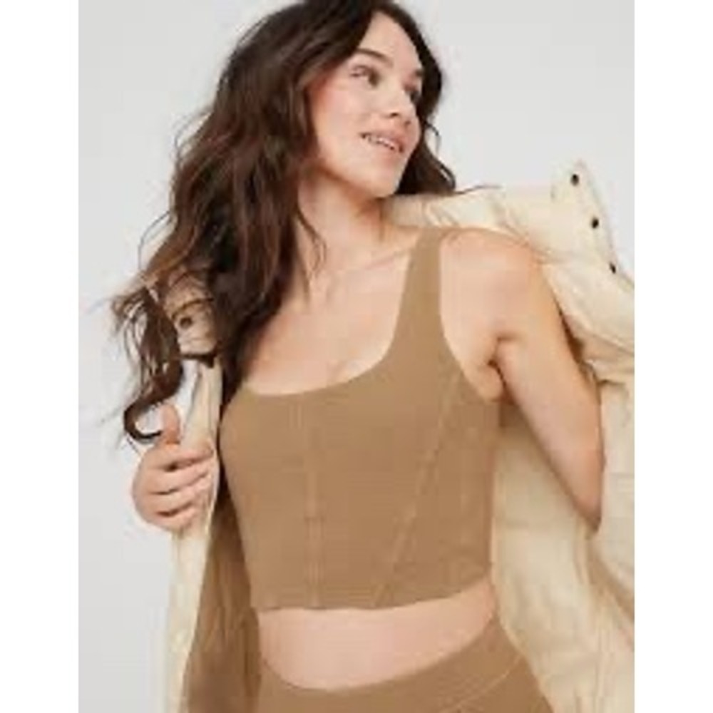 Aerie Real Good Ribbed Corset Tank Top Brown Sleeveless Crop Top‎ Small NEW